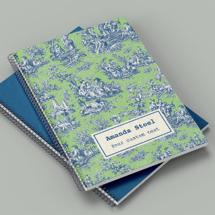 Caderno Espiral Elegante vintage, toile de jouy, azul verde