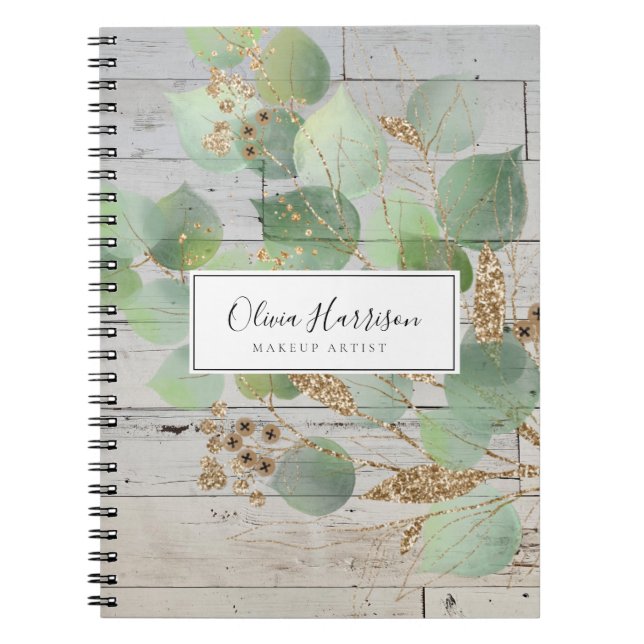 Caderno Espiral Elegante Watercolor Folha Dourada verde (Frente)