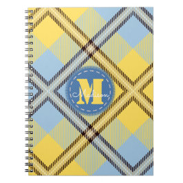 Caderno Espiral Elegante Yellow Blue Tartan Jeans Monograma Script