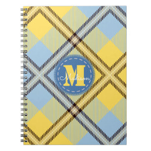 Caderno Espiral Elegante Yellow Blue Tartan Jeans Monograma Script