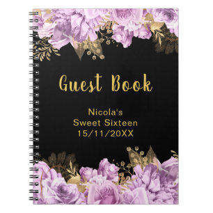 Caderno Espiral Elegantes Flores Lilás e Douradas Sweet Sixteen