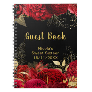 Caderno Espiral Elegantes Flores Vermelhas e Douradas Sweet Sixtee
