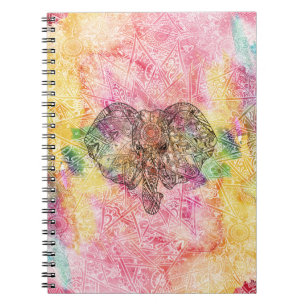 Caderno Espiral Elephant Watecolor bonito desenhado mão Henna flo