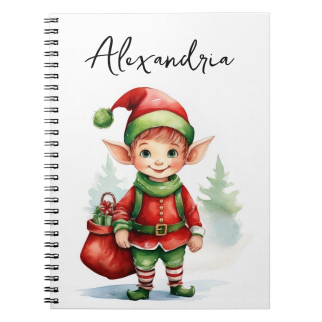 Caderno Espiral Elfo de Natal com saco de presentes personalize o  (Frente)