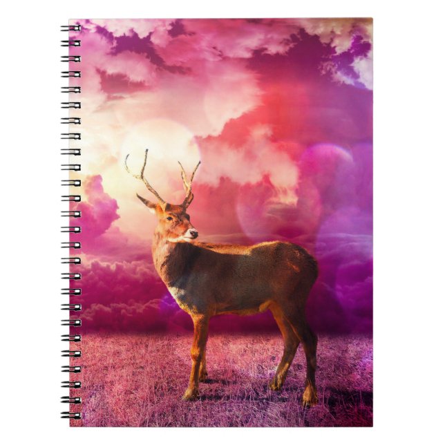 Caderno Espiral Embalagem de Veado Branco em nuvens cor-de-rosa (Frente)