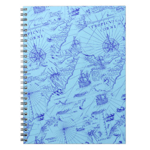 Caderno Espiral Embarcações de cartas marítimas azuis antigas e bú