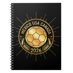 Caderno Espiral Emblema de Futebol Dourado 2026   México EUA Canad