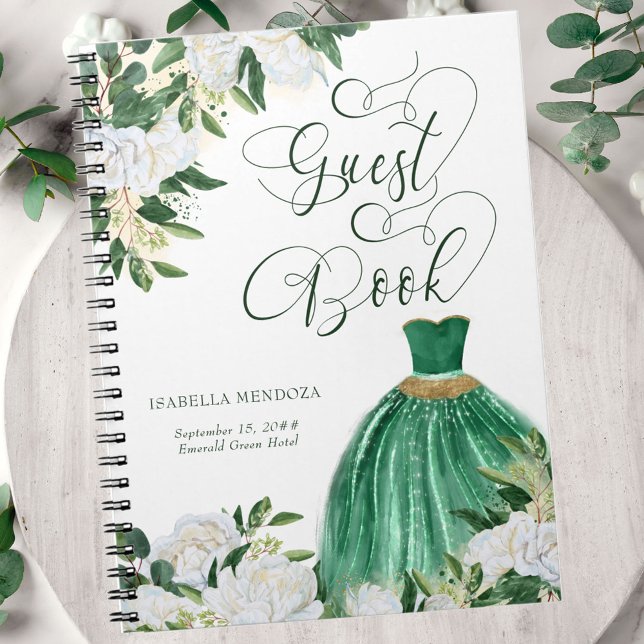 Caderno Espiral Emerald Green e Dourado Livro de Convidados de Orç (Princess Ball Gown themed guest book from my Emerald Greenery and White Peony Collection)