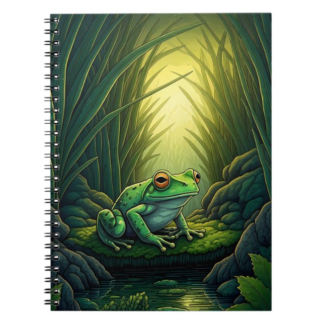 Caderno Espiral Enchanted Green Frog in a Forest (Frente)