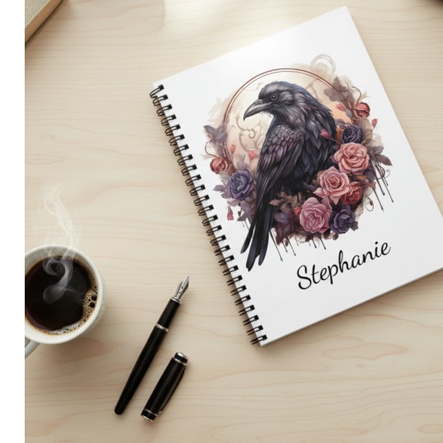 Caderno Espiral Enchanting Raven & Roses (Black raven with roses personalized notebook)