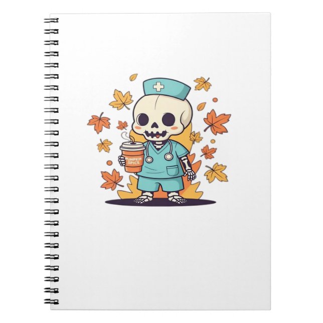Caderno Espiral Enfermeira Halloween Skeleton Com T-Shi Clássico D (Frente)