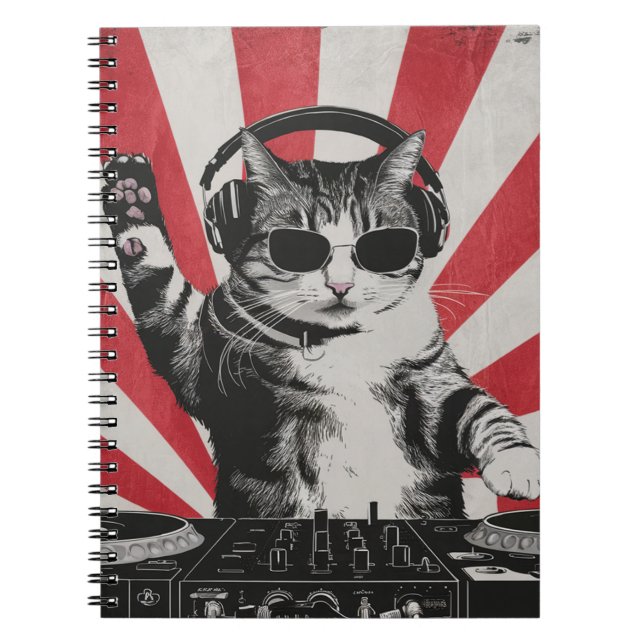 Caderno Espiral Engraçado DJ Cat Disco Sound Tech Fone de Ouvido (Frente)