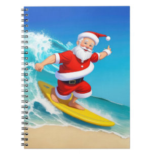Caderno Espiral Engraçado Surfing Santa Claus