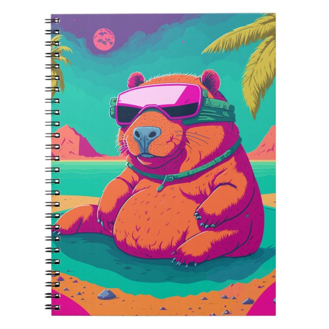 Caderno Espiral Engraçado Tropical Cyberpunk Capybara Art (Frente)