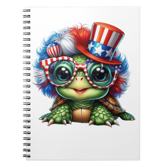Caderno Espiral Engraçado Turtle Patriótico EUA Flag Sunglass (Frente)
