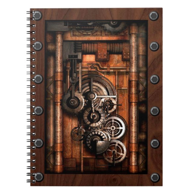 Caderno Espiral Engrenagens e rebites de SteamPunk (Frente)