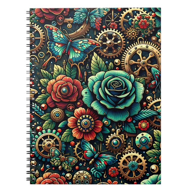 Caderno Espiral Engrenagens e Rosas Temáticas de Steampunk Lindas  (Frente)