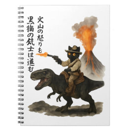 Caderno Espiral Epic Black Cat Cowboy Riding Dinosaur with Volcano