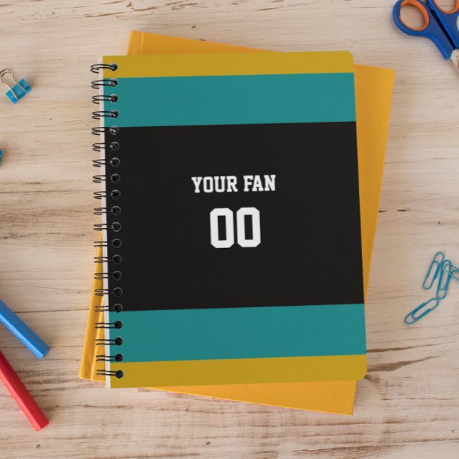 Caderno Espiral Equipe de futebol Dourada, Teal e Negra Personaliz (Criador carregado)