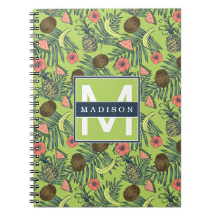 Caderno Espiral Esboço da fruta tropical no teste padrão verde