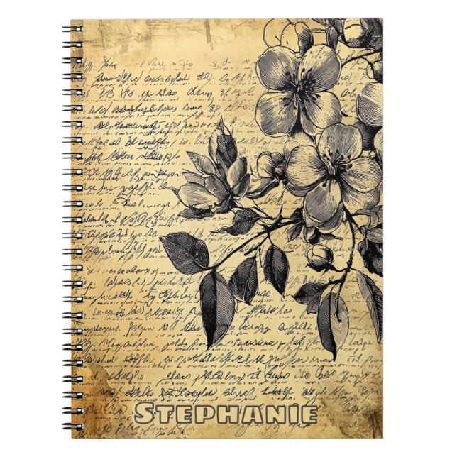 Caderno Espiral Esboço Floral Rústico com Caligrafia - Envelhecido (Frente)