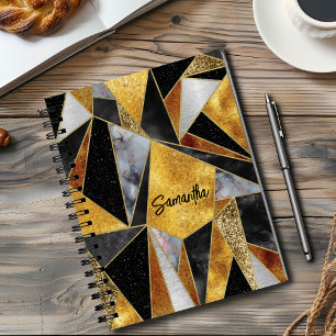 Caderno Espiral Esboço geométrico preto-abstrato ouro Elegante