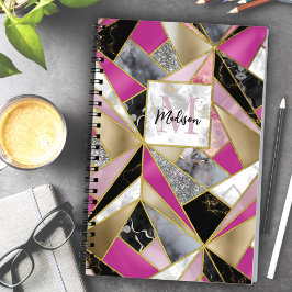 Caderno Espiral Esboço geométrico preto-rosa-abstrato