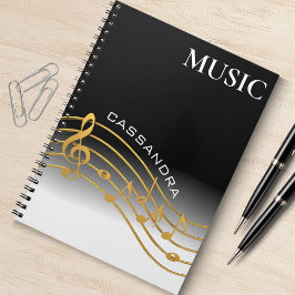 Caderno Espiral Escala de Nota de Música Preta e Dourada