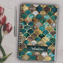 Caderno Espiral Escalas de sereia verde-cinzenta-verde-turquesa de