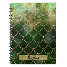Caderno Espiral Escamas de Peixe Sereia com Brilho Verde e Dourado