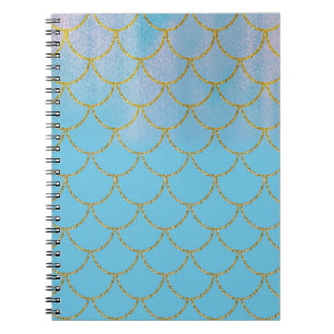 Caderno Espiral Escamas de sereia com brilho iridescente azul e do