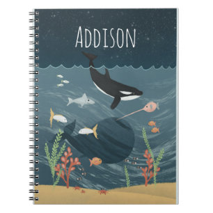 Caderno Espiral Escola para Crianças de Orca do Oceano Noturno e