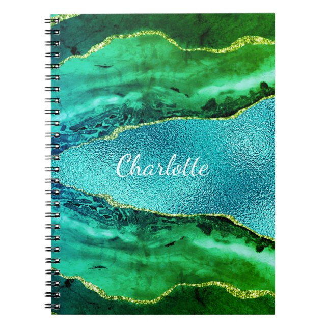 Caderno Espiral Escrito com nome de mármore verde-azul-esmeralda (Frente)
