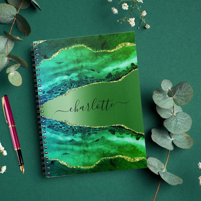 Caderno Espiral Escrito de nome de mármore do agate verde-esmerald (Criador carregado)