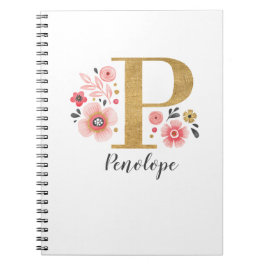 Caderno Espiral Escritório Floral Branco Cor-de-rosa do Monograma