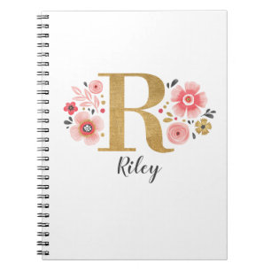 Caderno Espiral Escritório Floral Branco Cor-de-rosa do Monograma 