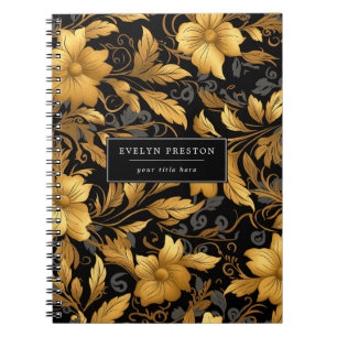 Caderno Espiral Escuro Dourado Elegante Folha Floral Negra Deixa S