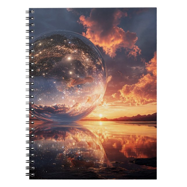 Caderno Espiral Esfera Reflexiva Surreal Contendo Estrelas (Frente)