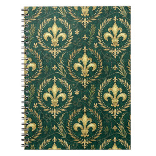 Caderno Espiral Esmeralda Verde e Dourado Crista Real Padrão Damas