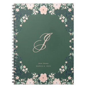 Caderno Espiral Esmeralda Verde Macio Monograma Floral Pessoal Per