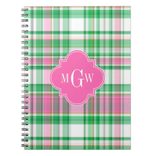 Caderno Espiral Esmeralda Verde Rosa Quente Branco Madras Monogram