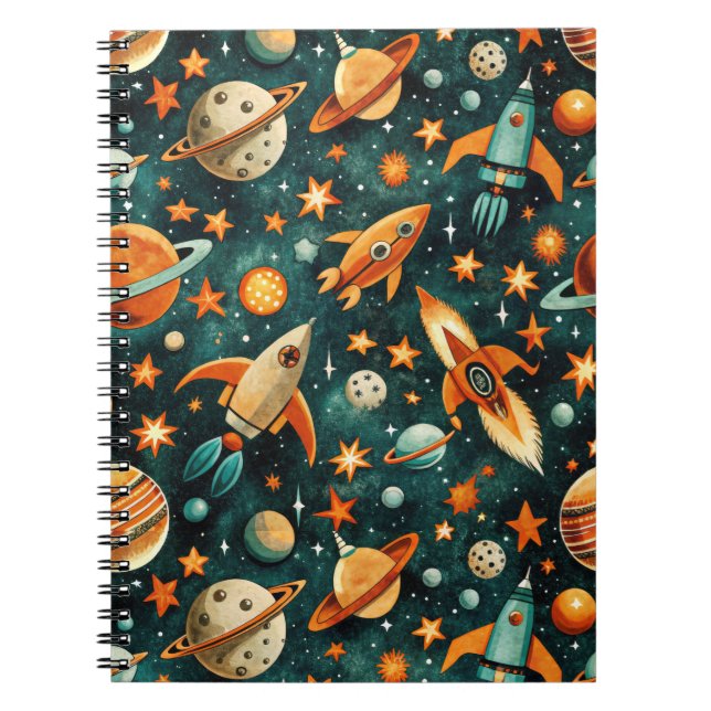 Caderno Espiral Espaço Atômico Laranja Teal do Meio do Século (Frente)