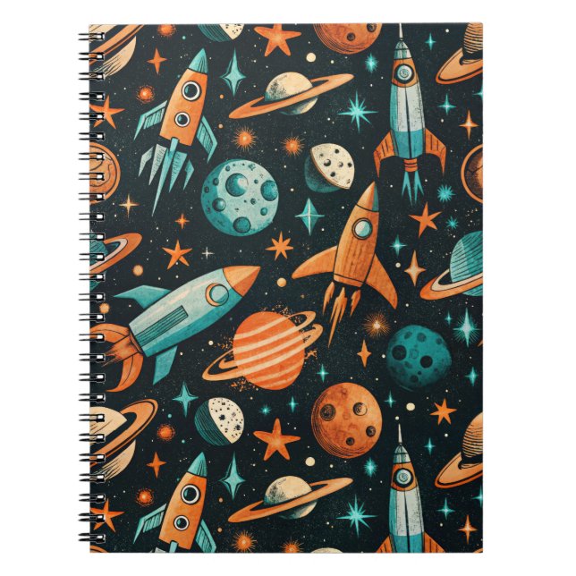 Caderno Espiral Espaço Atômico Laranja Teal do Meio do Século (Frente)