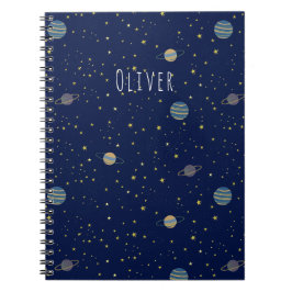 Caderno Espiral Espaço Estrelas Planetas & Nome Personalizado em A