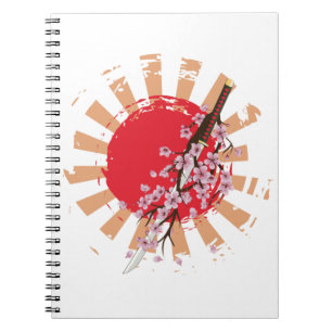 Caderno Espiral Espada japonesa katana com flores sakura