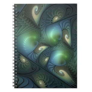 Caderno Espiral Espirais Teal Beige Verde Abstrato Fractal