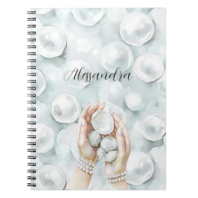 Caderno Espiral Espuma do Mar Azul Pérolas Conchas (Frente)