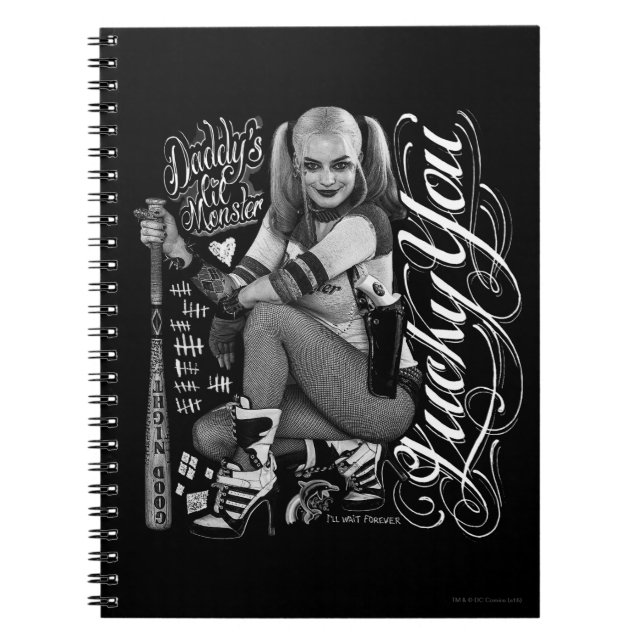 Caderno Espiral Esquadrão Suicida | Harley Quinn Tipografia Foto (Frente)