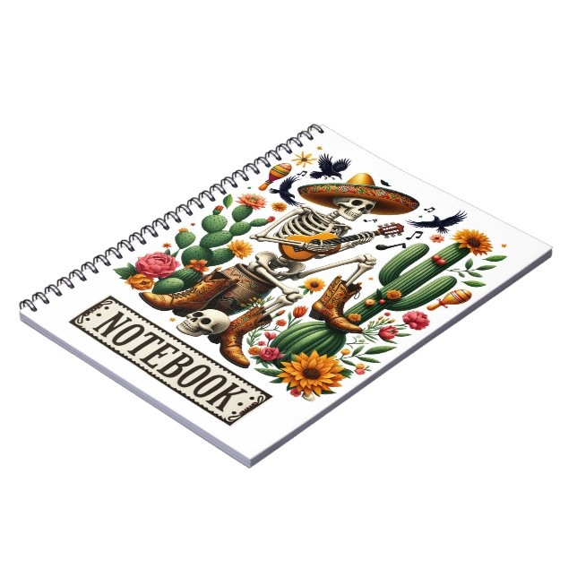 Caderno Espiral Esqueleto mexicano tocando violão entre cactos (Left Side)