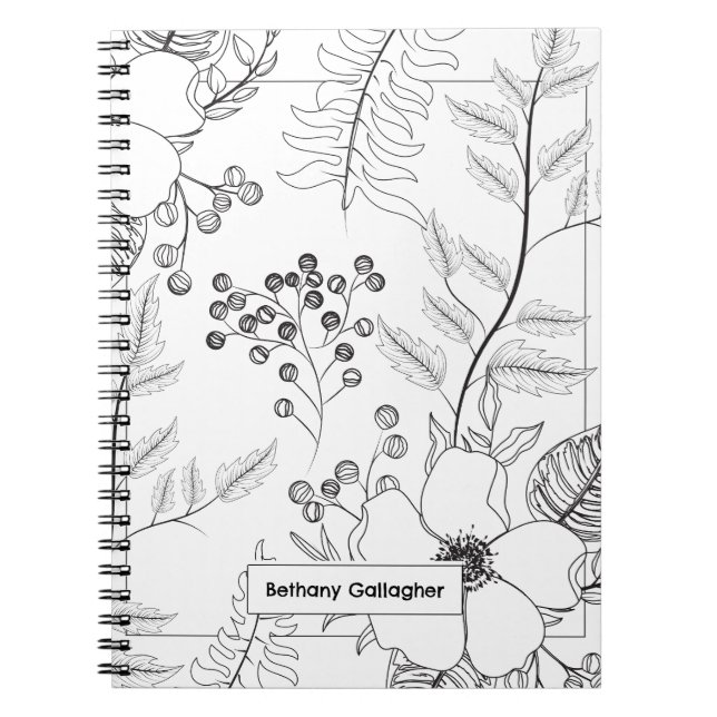 Caderno Espiral Esquema Botânico Preto e Branco | Personalizado (Frente)
